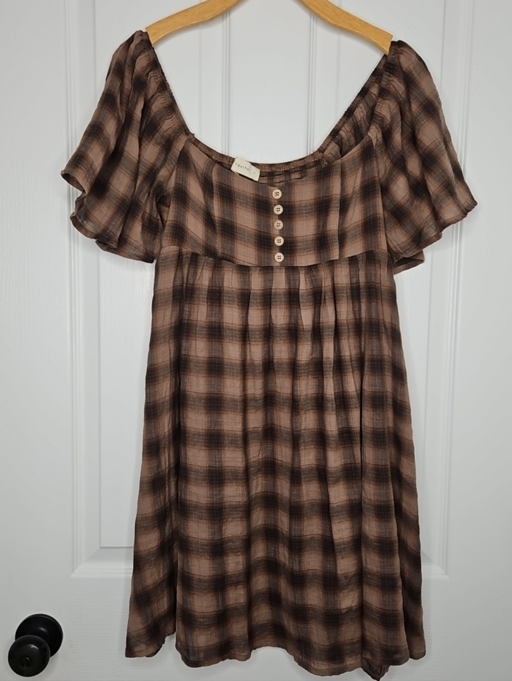 By Together Addie Prairie Mini Dress Small Butterfly Sleeve Smocked Mocha Plaid
